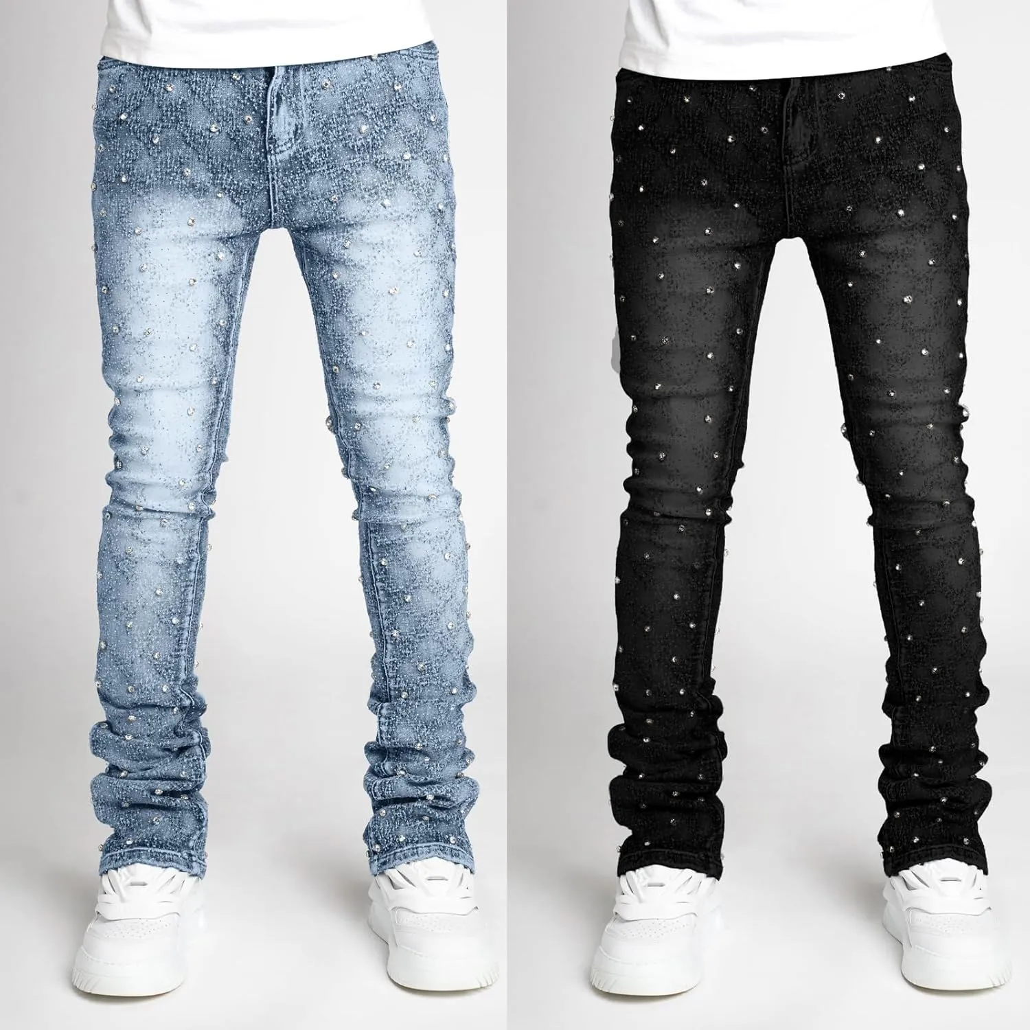 Hulpvktsgiq Jeans for Men Ripped Stretch Fit Skinny Stacked Rhinestone Jeans Slim Fit Denim Pants Fashion Trousers Streetwear
