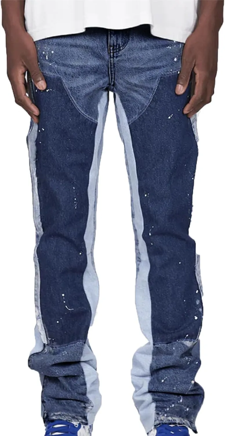 Hulpvktsgiq Jeans for Men Ripped Stretch Fit Skinny Stacked Rhinestone Jeans Slim Fit Denim Pants Fashion Trousers Streetwear