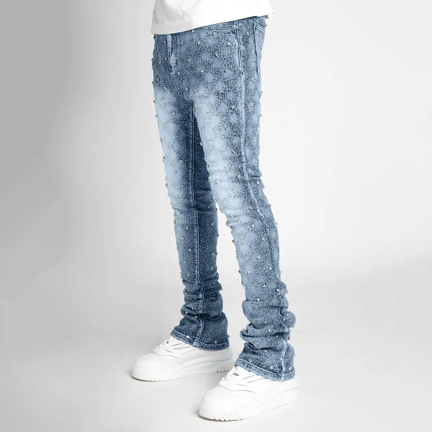 Hulpvktsgiq Jeans for Men Ripped Stretch Fit Skinny Stacked Rhinestone Jeans Slim Fit Denim Pants Fashion Trousers Streetwear