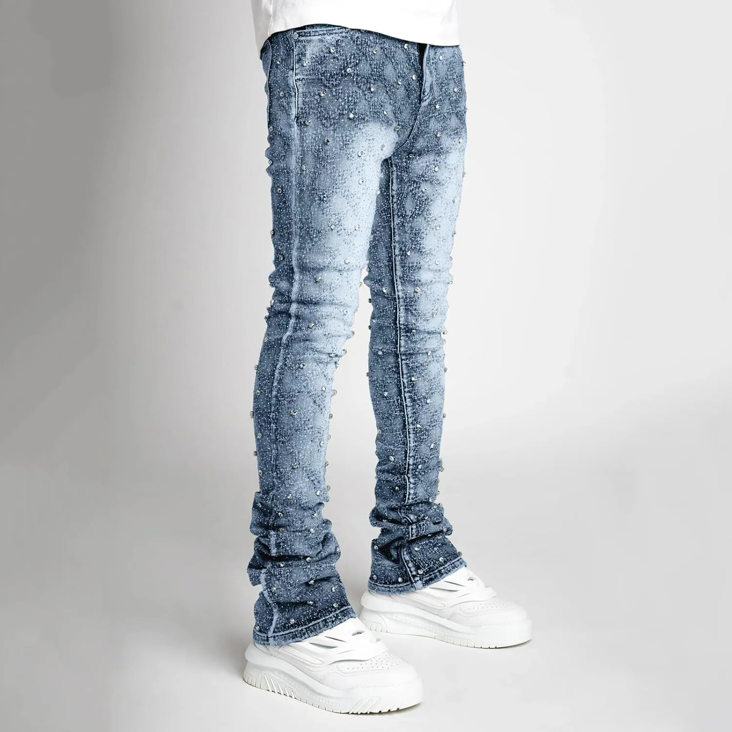 Hulpvktsgiq Jeans for Men Ripped Stretch Fit Skinny Stacked Rhinestone Jeans Slim Fit Denim Pants Fashion Trousers Streetwear