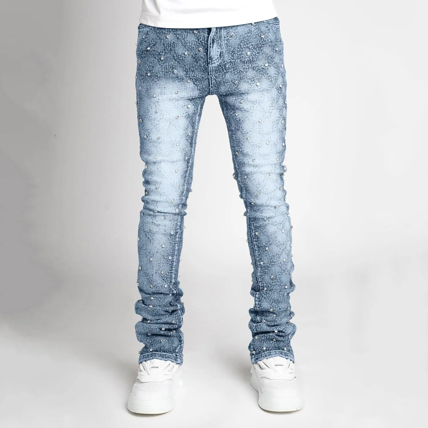Hulpvktsgiq Jeans for Men Ripped Stretch Fit Skinny Stacked Rhinestone Jeans Slim Fit Denim Pants Fashion Trousers Streetwear