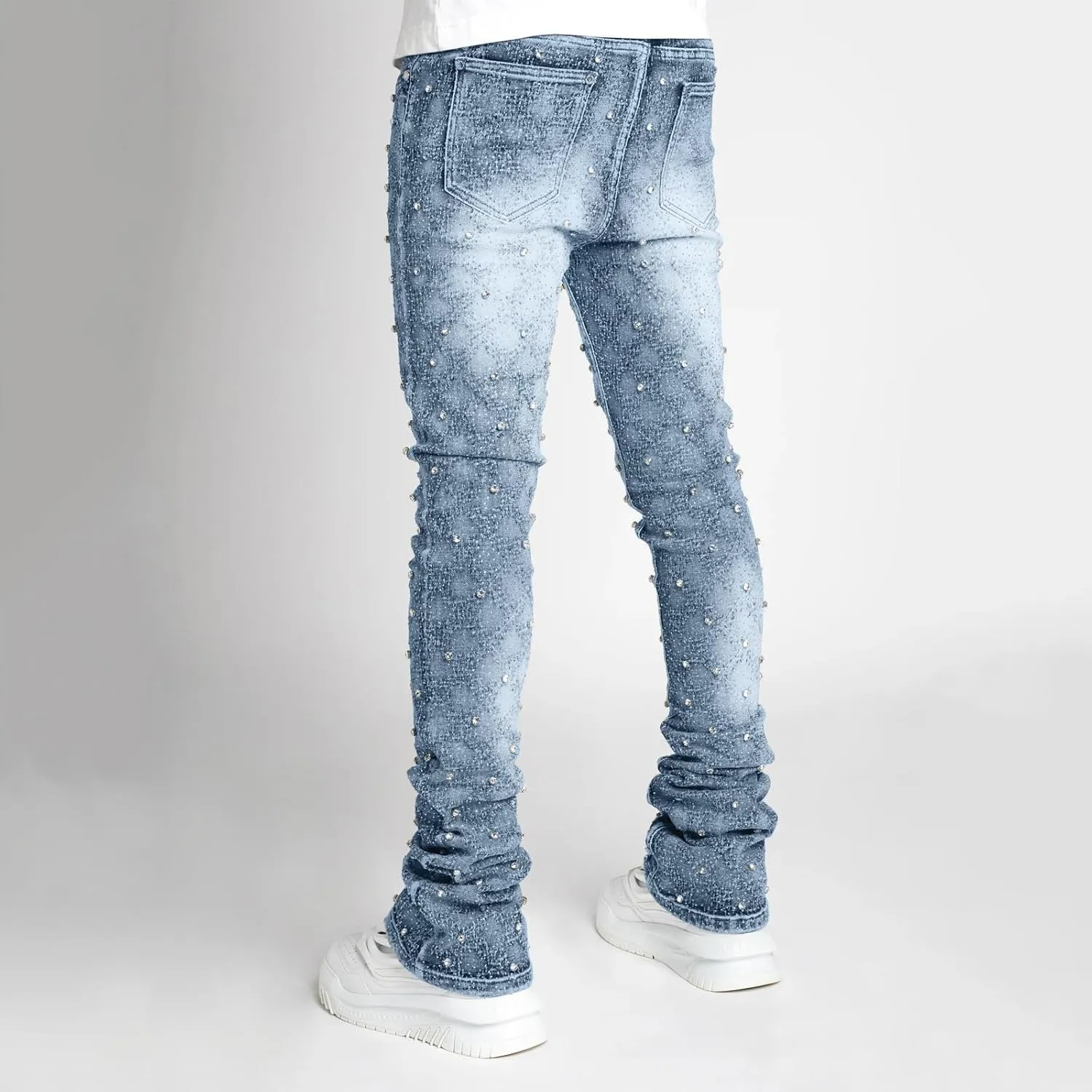 Hulpvktsgiq Jeans for Men Ripped Stretch Fit Skinny Stacked Rhinestone Jeans Slim Fit Denim Pants Fashion Trousers Streetwear