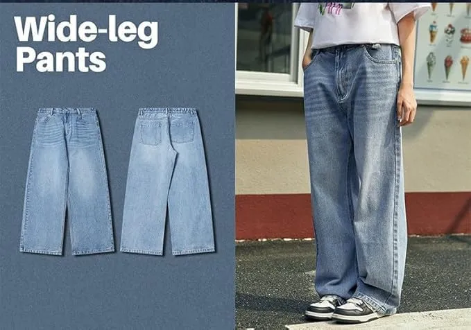 HUNGSON Mens Baggy Jeans for Men Women Y2k Skater Vintage Plain Pants Casual Wide Leg Jeans Loose Fit Denim Jeans