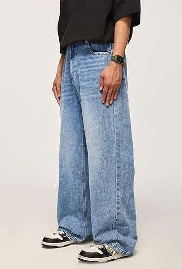 HUNGSON Mens Baggy Jeans for Men Women Y2k Skater Vintage Plain Pants Casual Wide Leg Jeans Loose Fit Denim Jeans