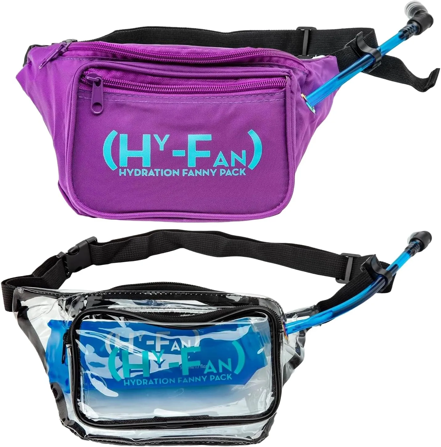 Hydration Fanny Pack with Bladder, 17oz BPA-Free, Hands-Free Design, Secure Pockets, Ideal for Athletic Outdoor Activities, Travel and More – Purple and Clear