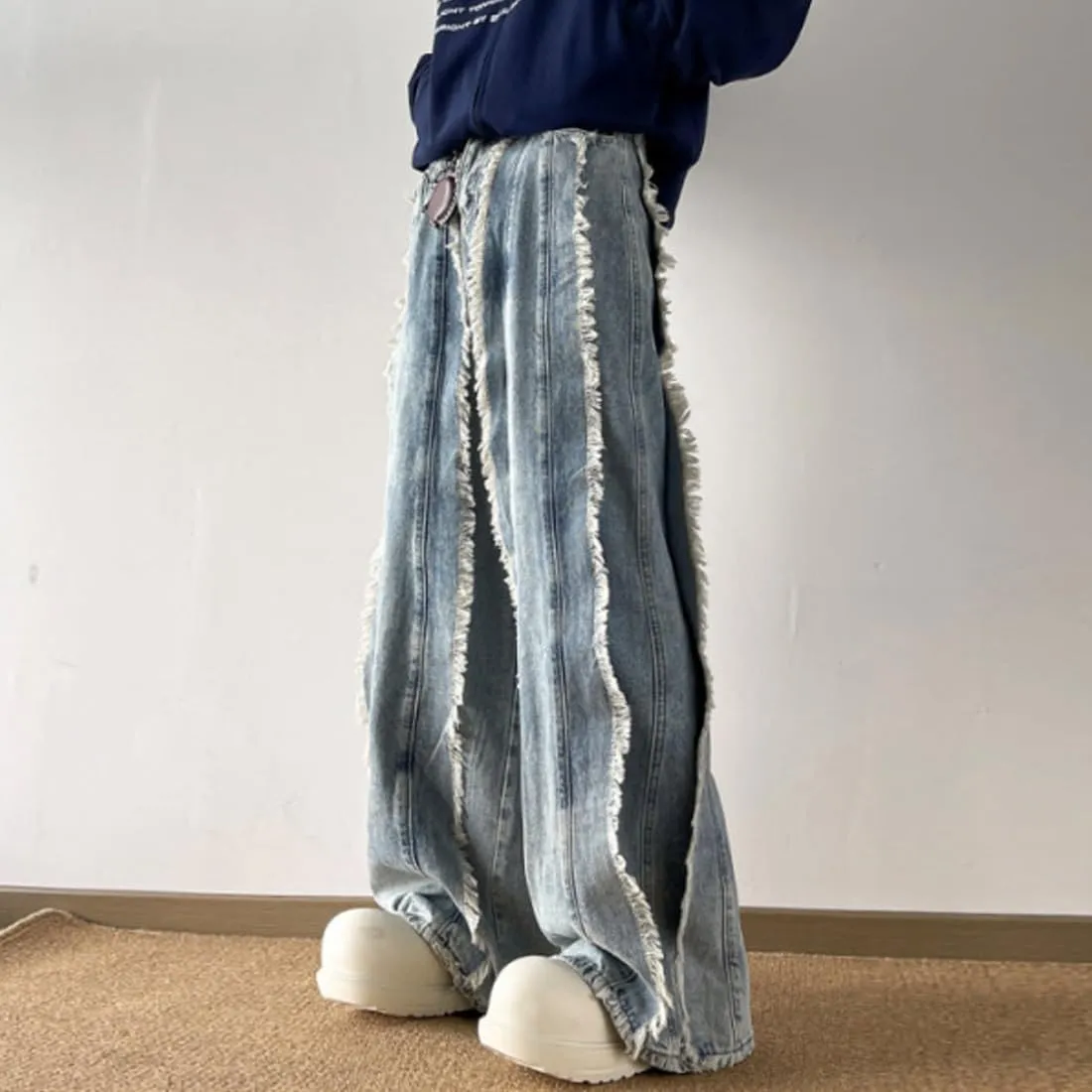 HZCX FASHION Mens Y2k Streetwear Baggy Hip Hop Jeans Wide Leg Skater Denim Pants Raw Tassel Trousers Ripped Palazzo Pants