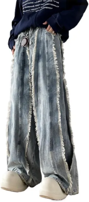 HZCX FASHION Mens Y2k Streetwear Baggy Hip Hop Jeans Wide Leg Skater Denim Pants Raw Tassel Trousers Ripped Palazzo Pants