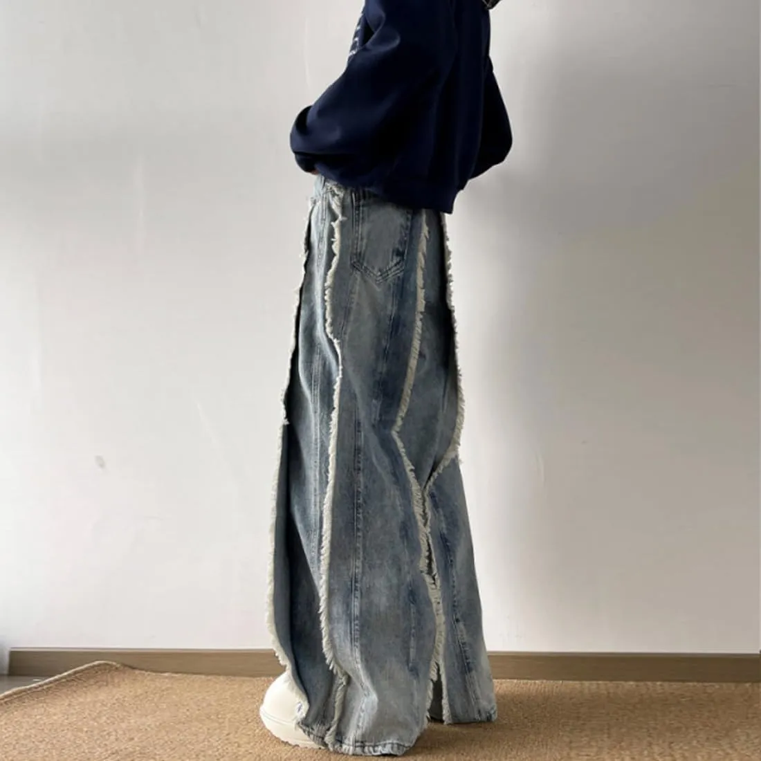 HZCX FASHION Mens Y2k Streetwear Baggy Hip Hop Jeans Wide Leg Skater Denim Pants Raw Tassel Trousers Ripped Palazzo Pants