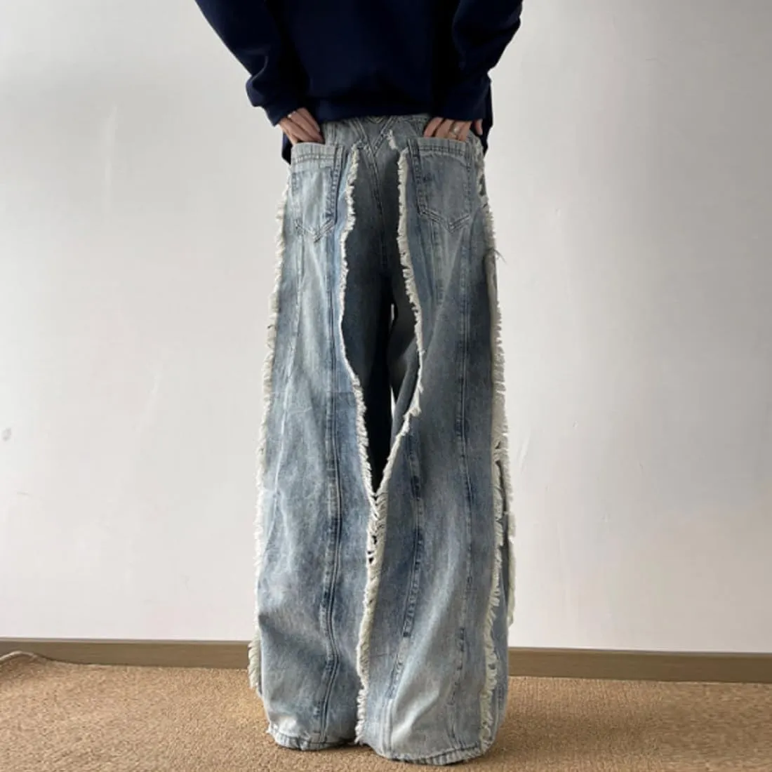 HZCX FASHION Mens Y2k Streetwear Baggy Hip Hop Jeans Wide Leg Skater Denim Pants Raw Tassel Trousers Ripped Palazzo Pants