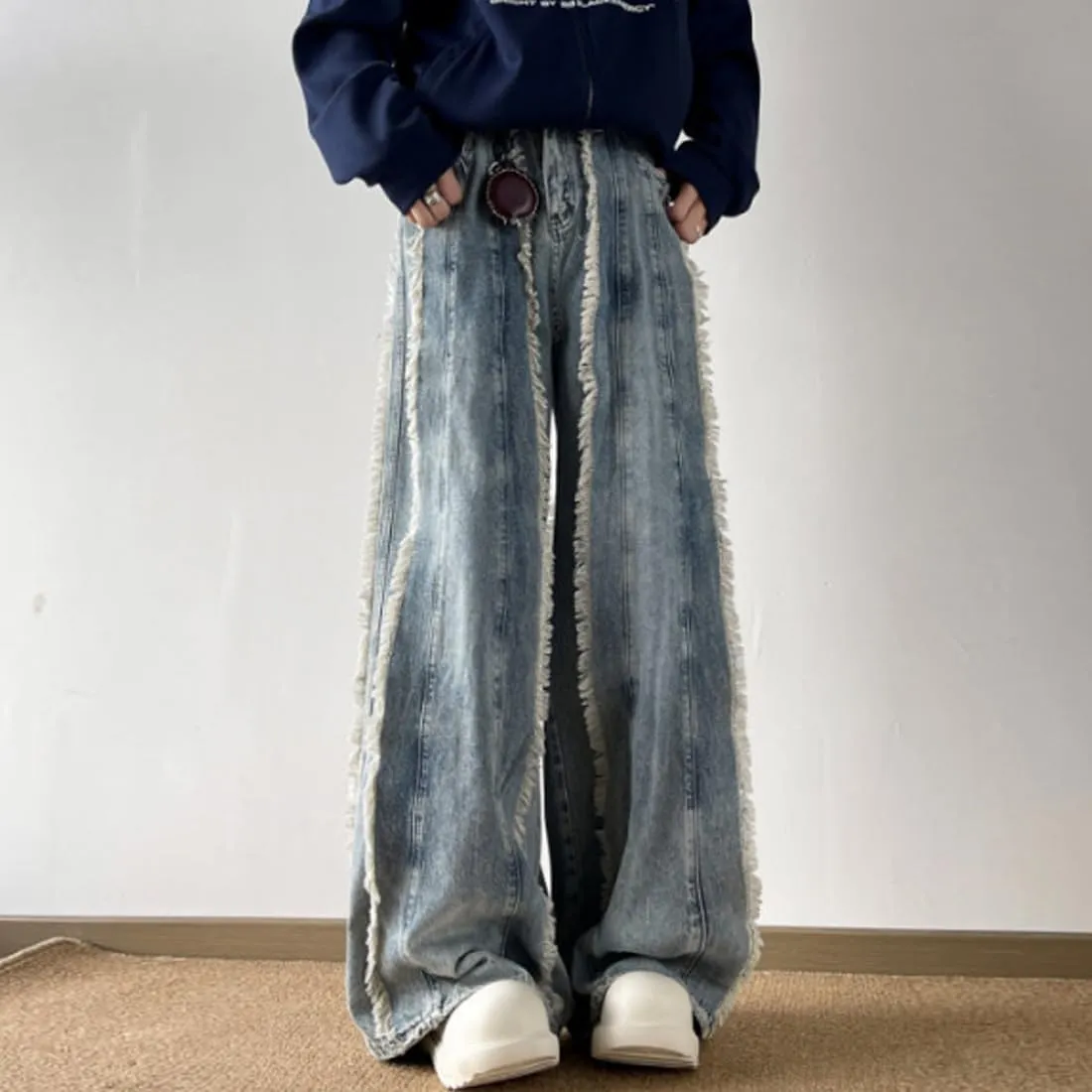 HZCX FASHION Mens Y2k Streetwear Baggy Hip Hop Jeans Wide Leg Skater Denim Pants Raw Tassel Trousers Ripped Palazzo Pants