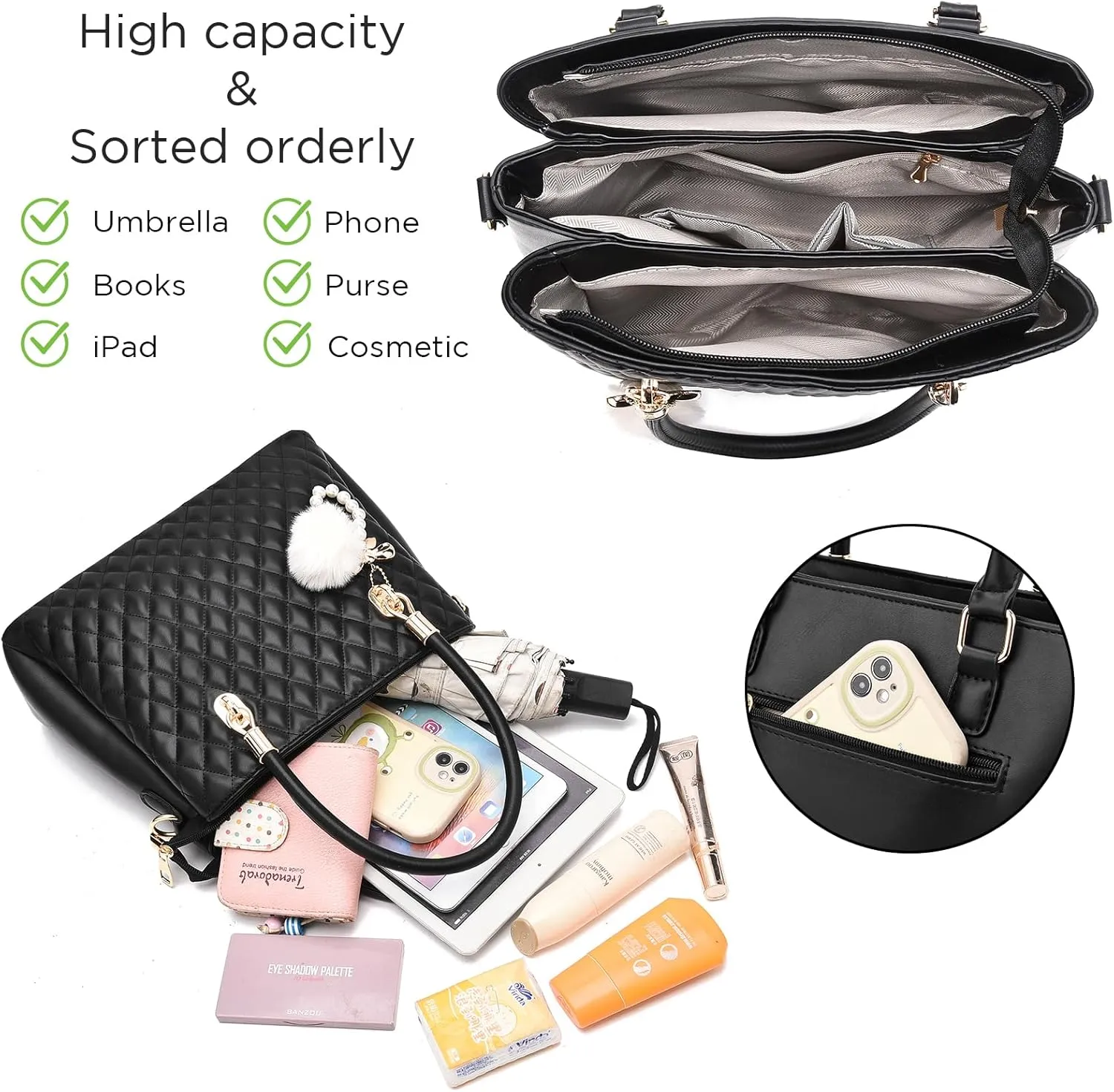 I IHAYNER Womens Leather Handbags Purses Top-handle Totes Satchel Shoulder Bag for Ladies with Pompon