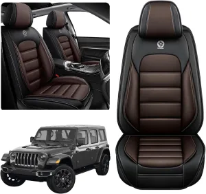 ILMO Leather Seat Cover for Jeep Wrangler JK JL 2/4 Door 2007-2024 Unlimited X Rubicon 392 Sahara Willys Sport High Altitude, Compatible Airbag Car Seat Cover (Black&Coffee, 2 Front Seat)