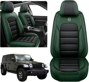 ILMO Leather Seat Cover for Jeep Wrangler JK JL 2/4 Door 2007-2024 Unlimited X Rubicon 392 Sahara Willys Sport High Altitude, Compatible Airbag Car Seat Cover (Black&Green, 2 Front Seat)