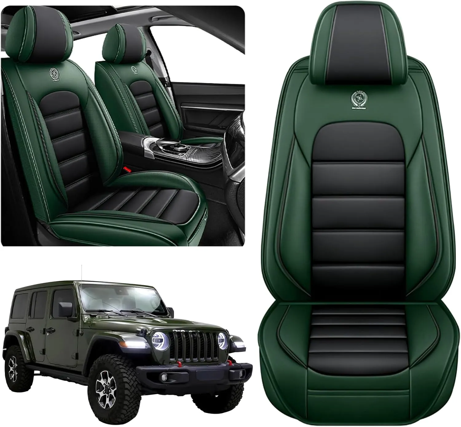 ILMO Leather Seat Cover for Jeep Wrangler JK JL 2/4 Door 2007-2024 Unlimited X Rubicon 392 Sahara Willys Sport High Altitude, Compatible Airbag Car Seat Cover (Black&Green, 2 Front Seat)