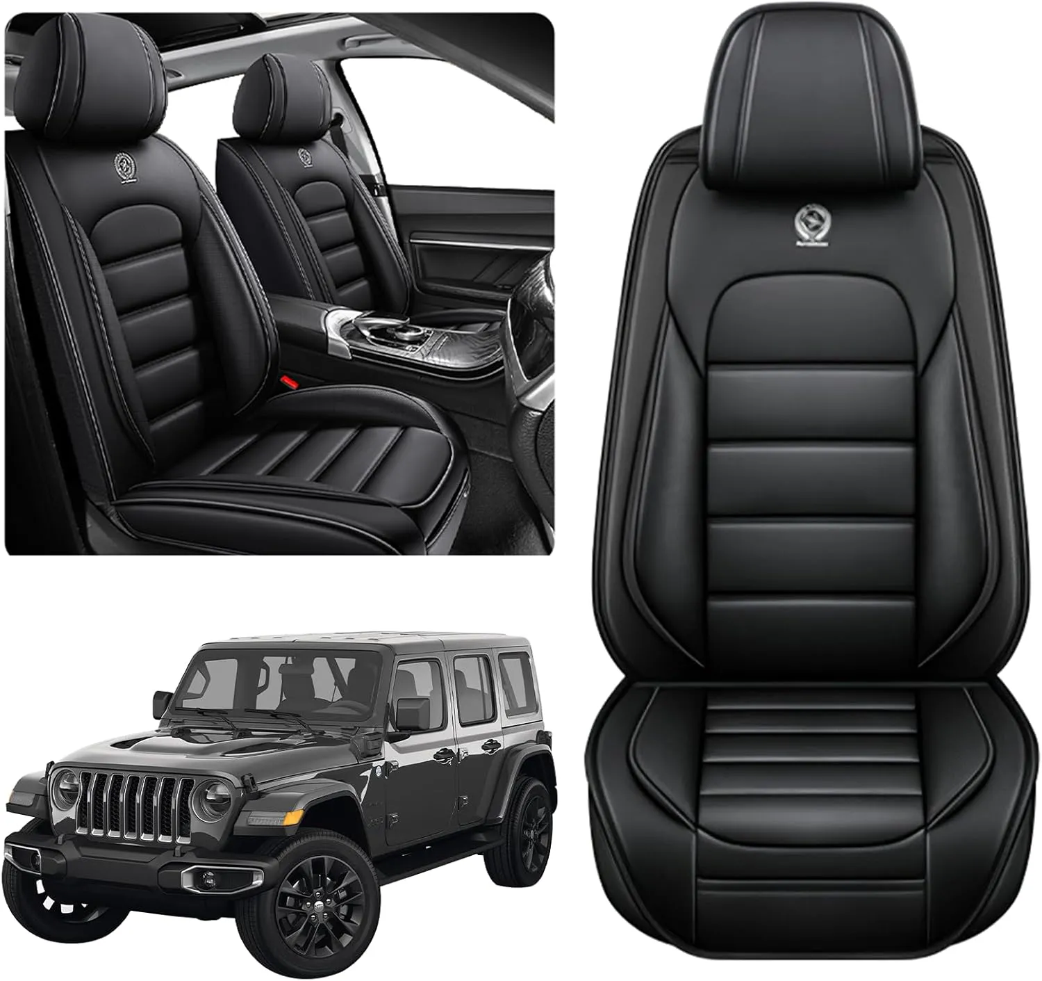 ILMO Seat Leather Cover for Jeep Wrangler JK JL 2/4 Door 2007-2024 Unlimited X Rubicon 392 Sahara Willys Sport High Altitude, Soft Airbag Cushion Seat Cover (Classic Black, 2 Front Seat)