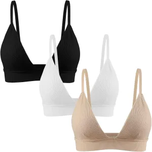 INIBUD Bralettes for Women Ribbed Seamless Padded Bra Wireless Triangle Plunge Cami Bra Adjustable Spaghetti Strap Top