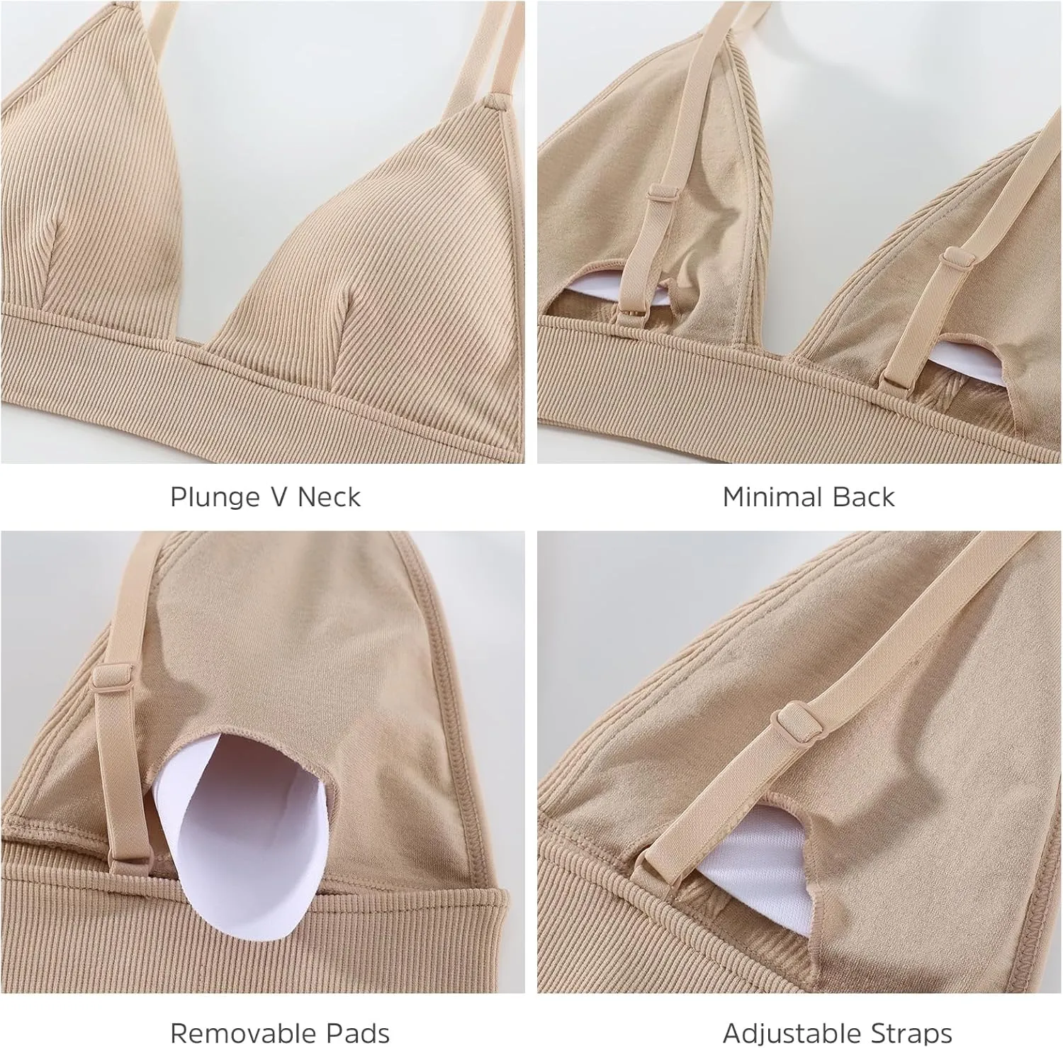 INIBUD Bralettes for Women Ribbed Seamless Padded Bra Wireless Triangle Plunge Cami Bra Adjustable Spaghetti Strap Top
