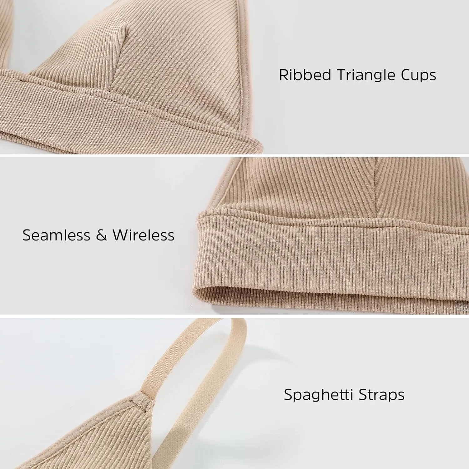 INIBUD Bralettes for Women Ribbed Seamless Padded Bra Wireless Triangle Plunge Cami Bra Adjustable Spaghetti Strap Top