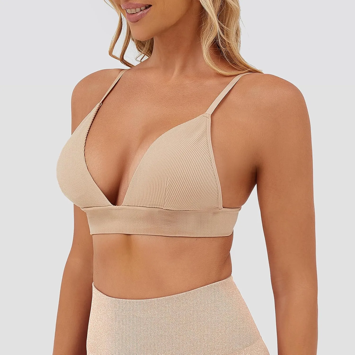 INIBUD Bralettes for Women Ribbed Seamless Padded Bra Wireless Triangle Plunge Cami Bra Adjustable Spaghetti Strap Top