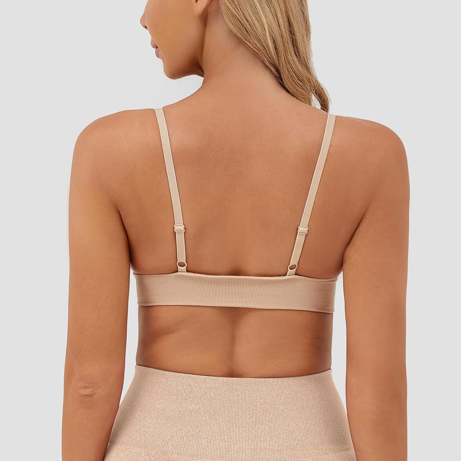 INIBUD Bralettes for Women Ribbed Seamless Padded Bra Wireless Triangle Plunge Cami Bra Adjustable Spaghetti Strap Top