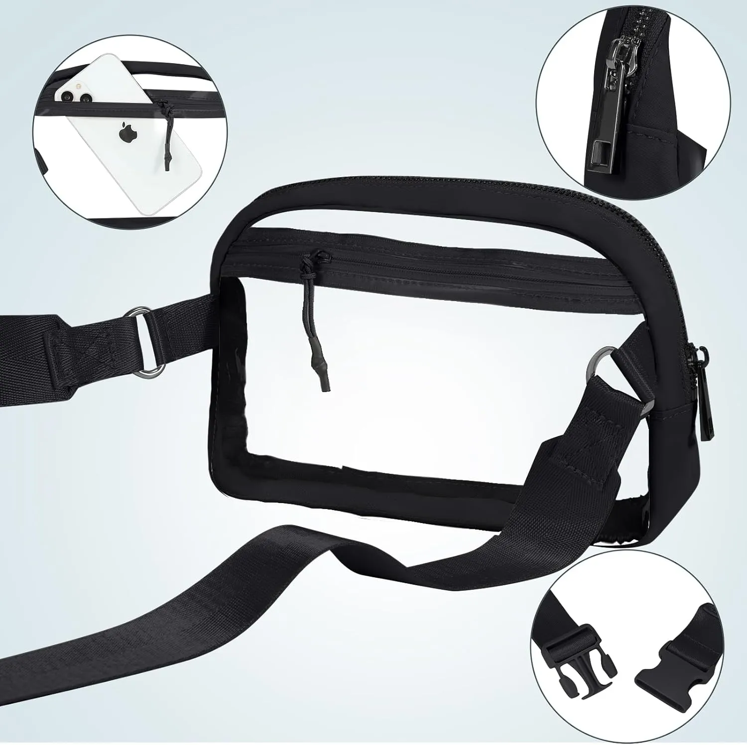 INTINI Clear Fanny Pack for Stadium Events – Small, Plus size Waist Transparent Belt Bag Sports, Concerts, and Festivals Black