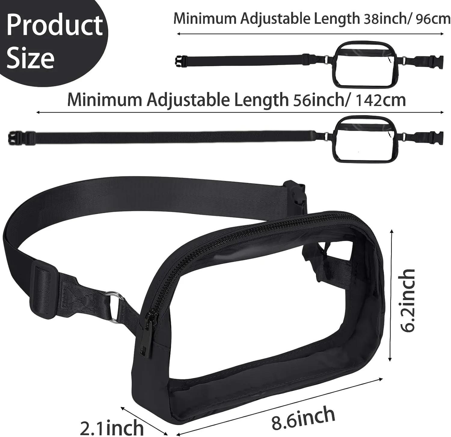 INTINI Clear Fanny Pack for Stadium Events – Small, Plus size Waist Transparent Belt Bag Sports, Concerts, and Festivals Black