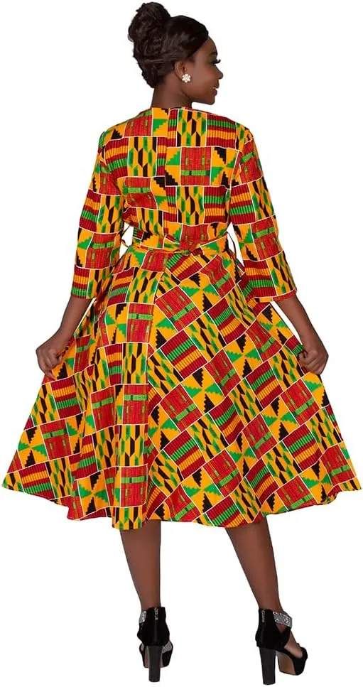 iooiooi African Dresses for Women Long Sleeve Patchwork Office Dresses Cotton Lady Print Party Clothing