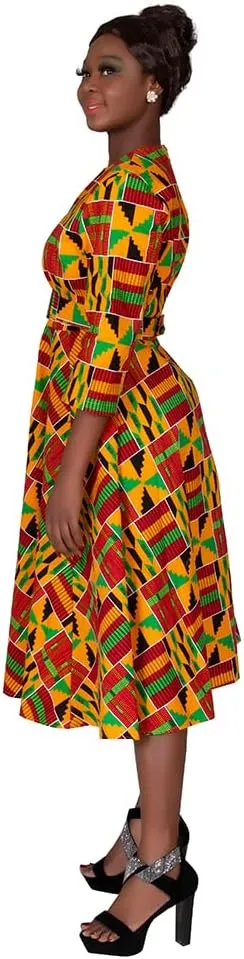 iooiooi African Dresses for Women Long Sleeve Patchwork Office Dresses Cotton Lady Print Party Clothing