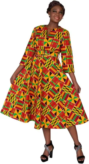 iooiooi African Dresses for Women Long Sleeve Patchwork Office Dresses Cotton Lady Print Party Clothing
