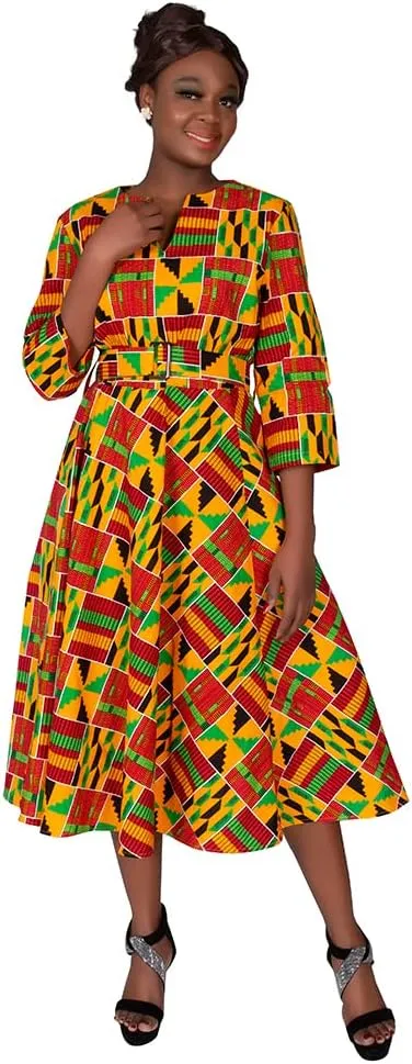 iooiooi African Dresses for Women Long Sleeve Patchwork Office Dresses Cotton Lady Print Party Clothing