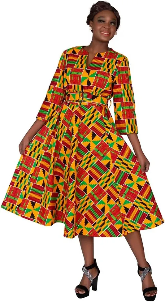 iooiooi African Dresses for Women Long Sleeve Patchwork Office Dresses Cotton Lady Print Party Clothing