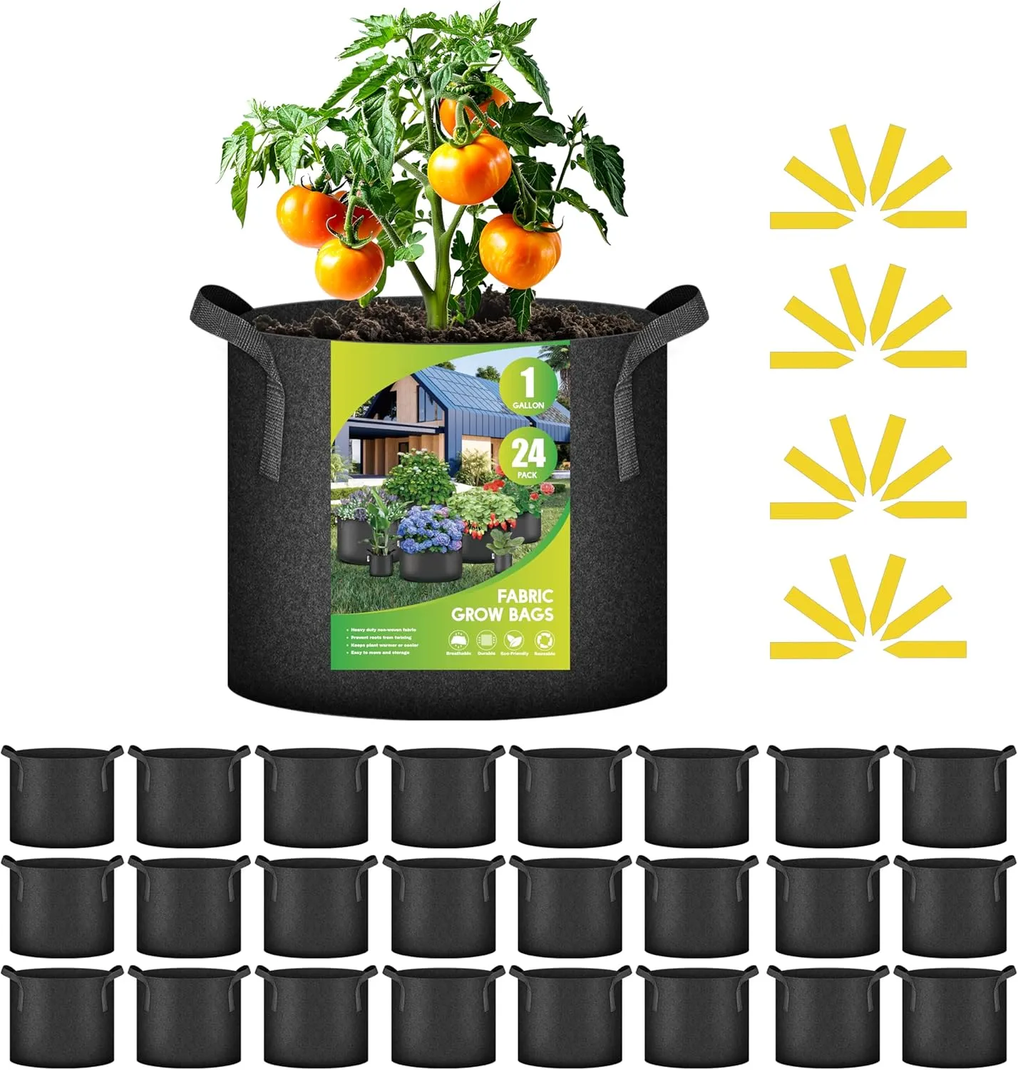 iPower 24-Pack 1 Gallon Grow Bags Heavy Duty Thickened Aeration Nonwoven Fabric Pots with Nylon Handles and 24 Labels for Planting Vegetables, Fruits, Flowers, Black