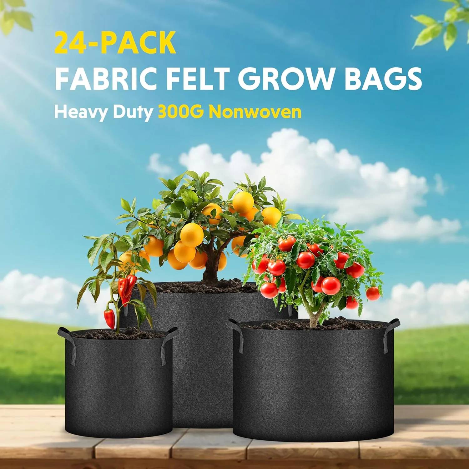 iPower 24-Pack 1 Gallon Grow Bags Heavy Duty Thickened Aeration Nonwoven Fabric Pots with Nylon Handles and 24 Labels for Planting Vegetables, Fruits, Flowers, Black