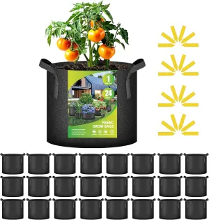 iPower 24-Pack 1 Gallon Grow Bags Heavy Duty Thickened Aeration Nonwoven Fabric Pots with Nylon Handles and 24 Labels for Planting Vegetables, Fruits, Flowers, Black
