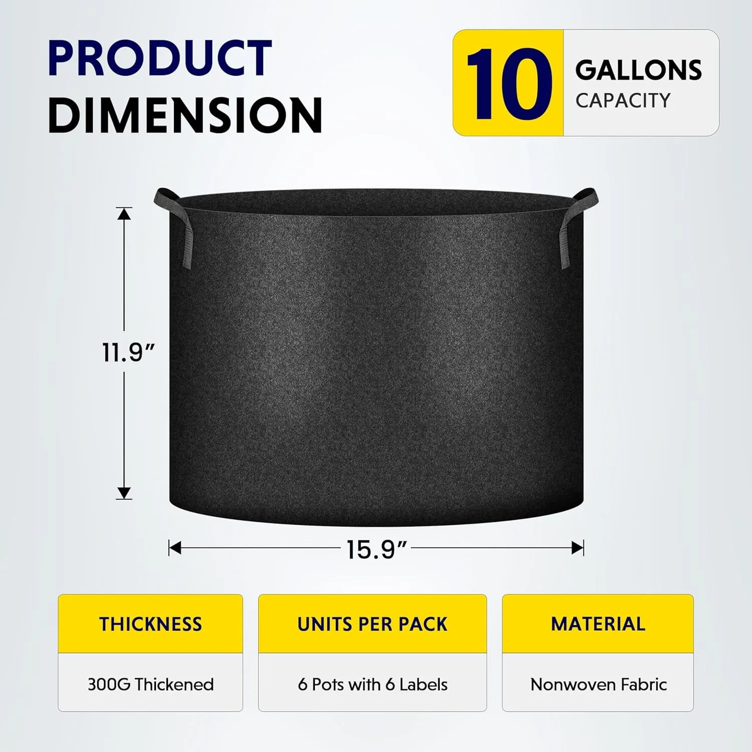 iPower Plant Grow Bag 10 Gallon 6-Pack Heavy Duty Fabric Pots, 300g Thick Nonwoven Fabric Containers Aeration with Nylon Handles, for Planting Vegetables, Fruits, Flowers, Black 2024 Version