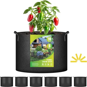 iPower Plant Grow Bag 10 Gallon 6-Pack Heavy Duty Fabric Pots, 300g Thick Nonwoven Fabric Containers Aeration with Nylon Handles, for Planting Vegetables, Fruits, Flowers, Black 2024 Version