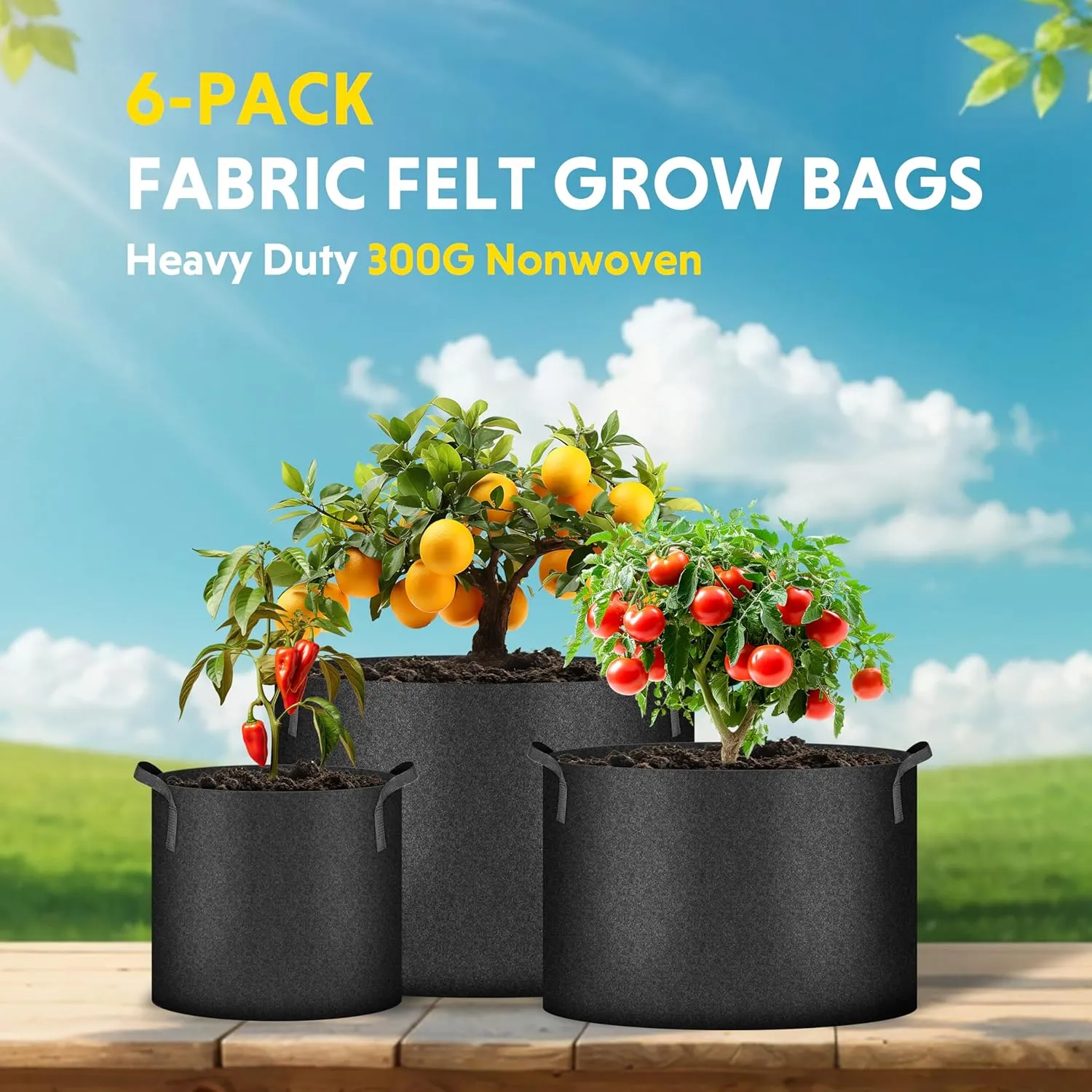 iPower Plant Grow Bag 10 Gallon 6-Pack Heavy Duty Fabric Pots, 300g Thick Nonwoven Fabric Containers Aeration with Nylon Handles, for Planting Vegetables, Fruits, Flowers, Black 2024 Version