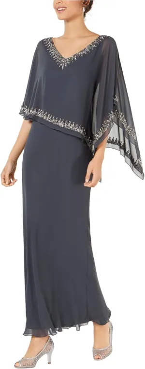 J Kara Womens Embellished Double V Formal Dress Gray 8