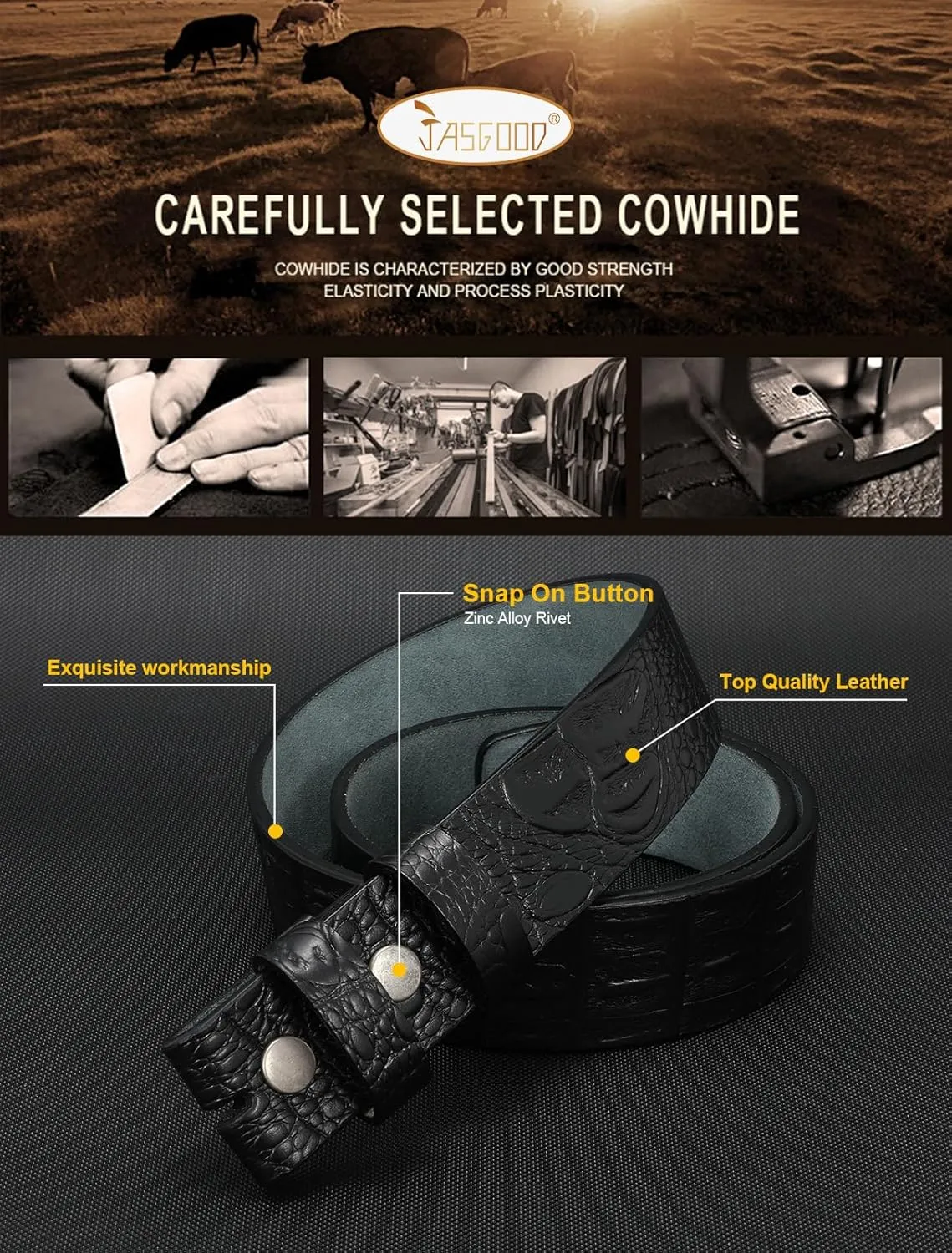 JASGOOD Mens Western Leather Belt Strap Without Buckle 1.5" Vintage Replacement Cowboy Leather Belt Strap with Snap on Buckle