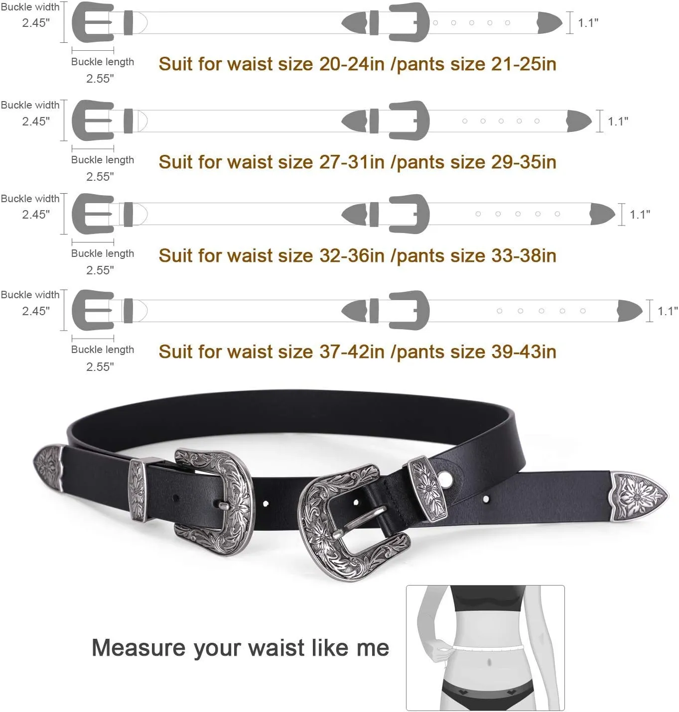 JASGOOD Women Leather Belts Ladies Vintage Western Design Black Waist Belt for Pants Dresses
