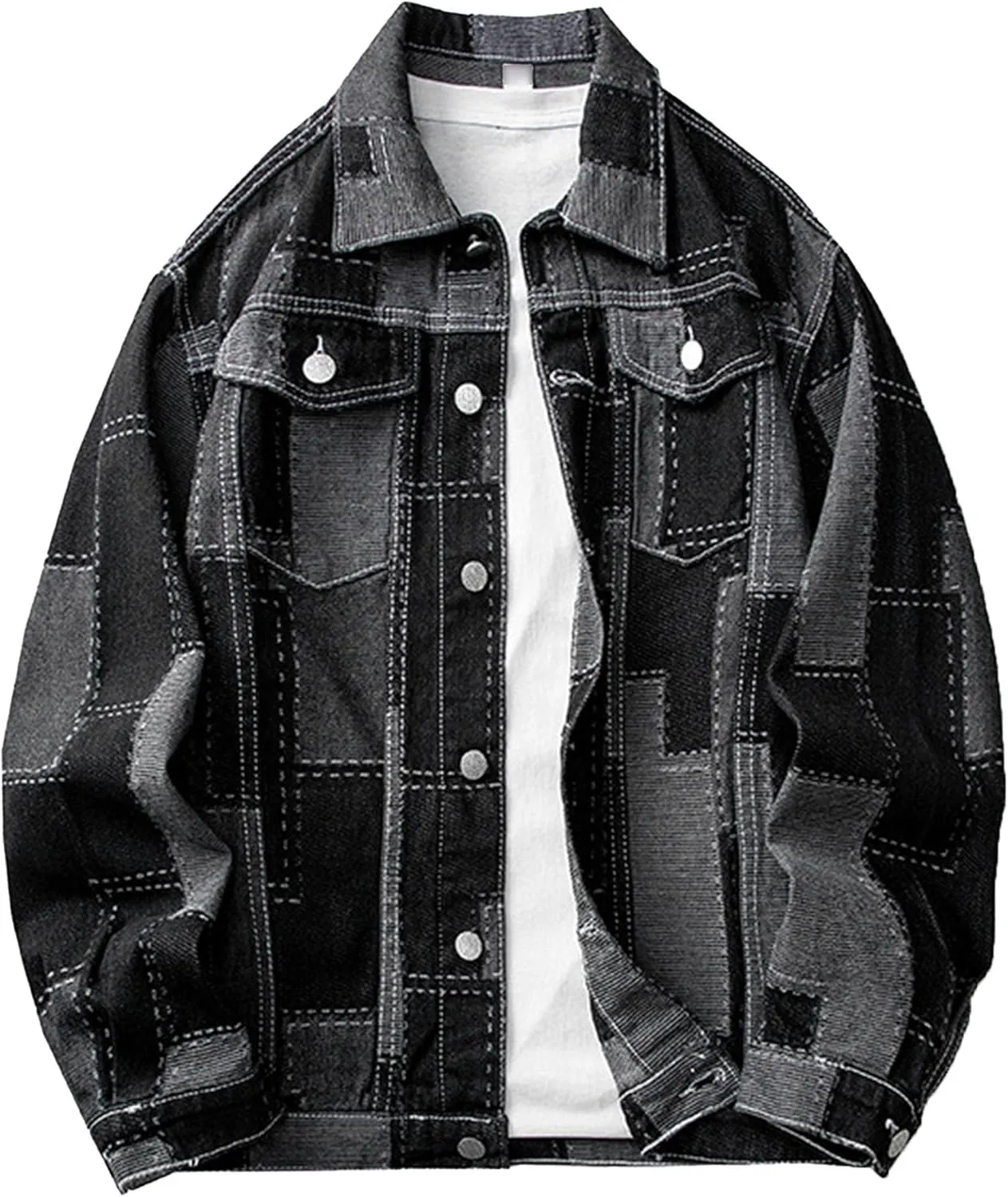 JEKE-DG Men Patchwork Lapel Denim Jacket Casual Slim Fit Jeans Jacket Big Pocket Colorblock Cowboy Outerwear