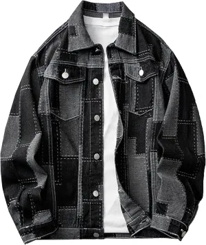 JEKE-DG Men Patchwork Lapel Denim Jacket Casual Slim Fit Jeans Jacket Big Pocket Colorblock Cowboy Outerwear