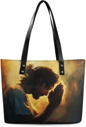 Jesus Christ Looking at The Sky Women Soft Leather Handbags Tote Purses Shoulder Bucket Bags
