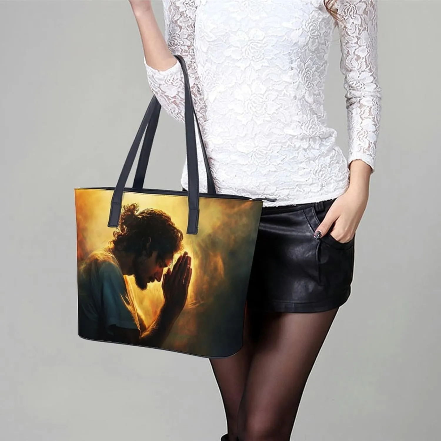 Jesus Christ Looking at The Sky Women Soft Leather Handbags Tote Purses Shoulder Bucket Bags
