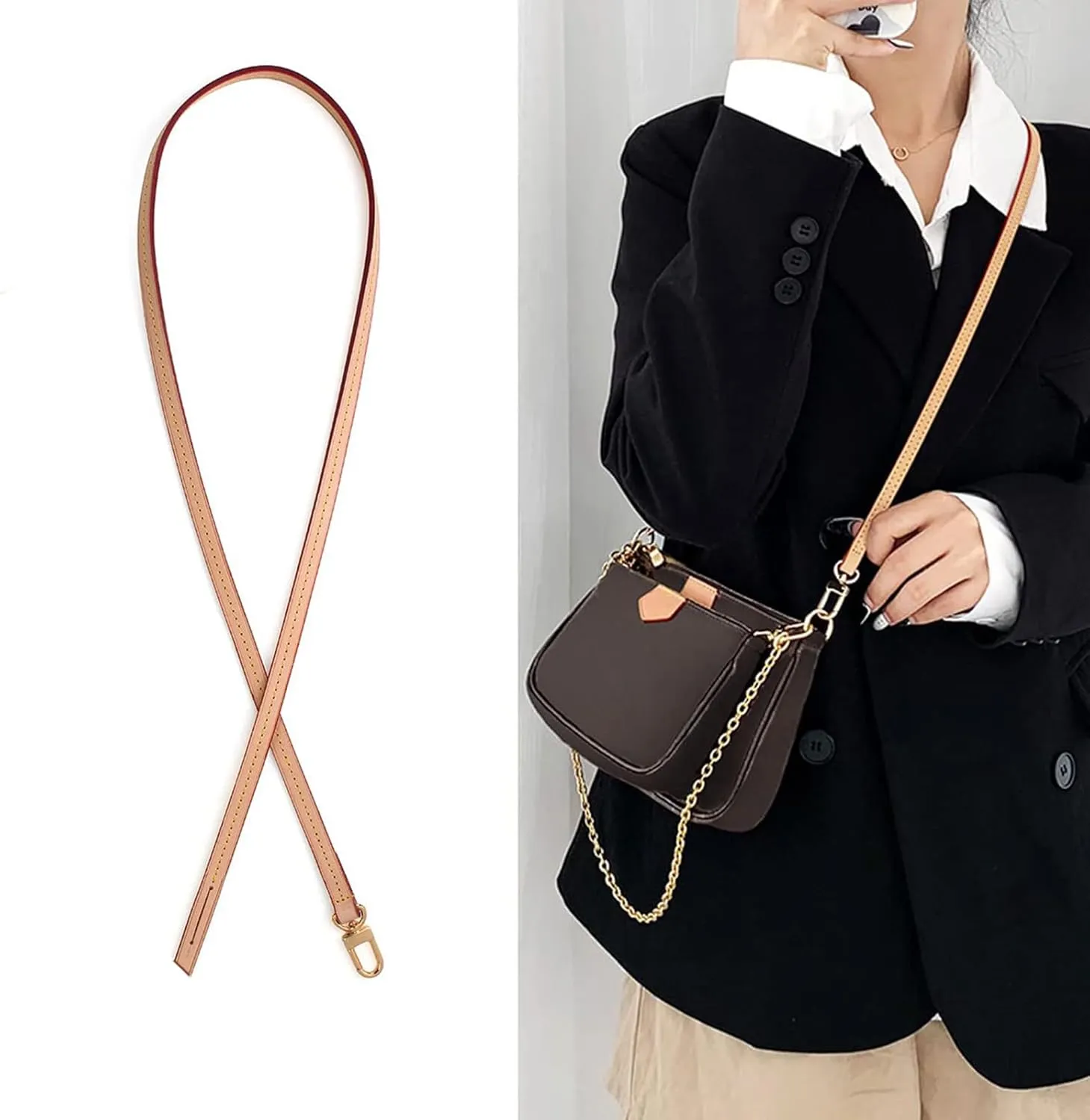 Jiesinlov Vachetta Leather Replacement Crossbody Bags Strap Shoulder Strap for Multi Pochette Accessories (0.37Width Single Buckle 40.9Length)