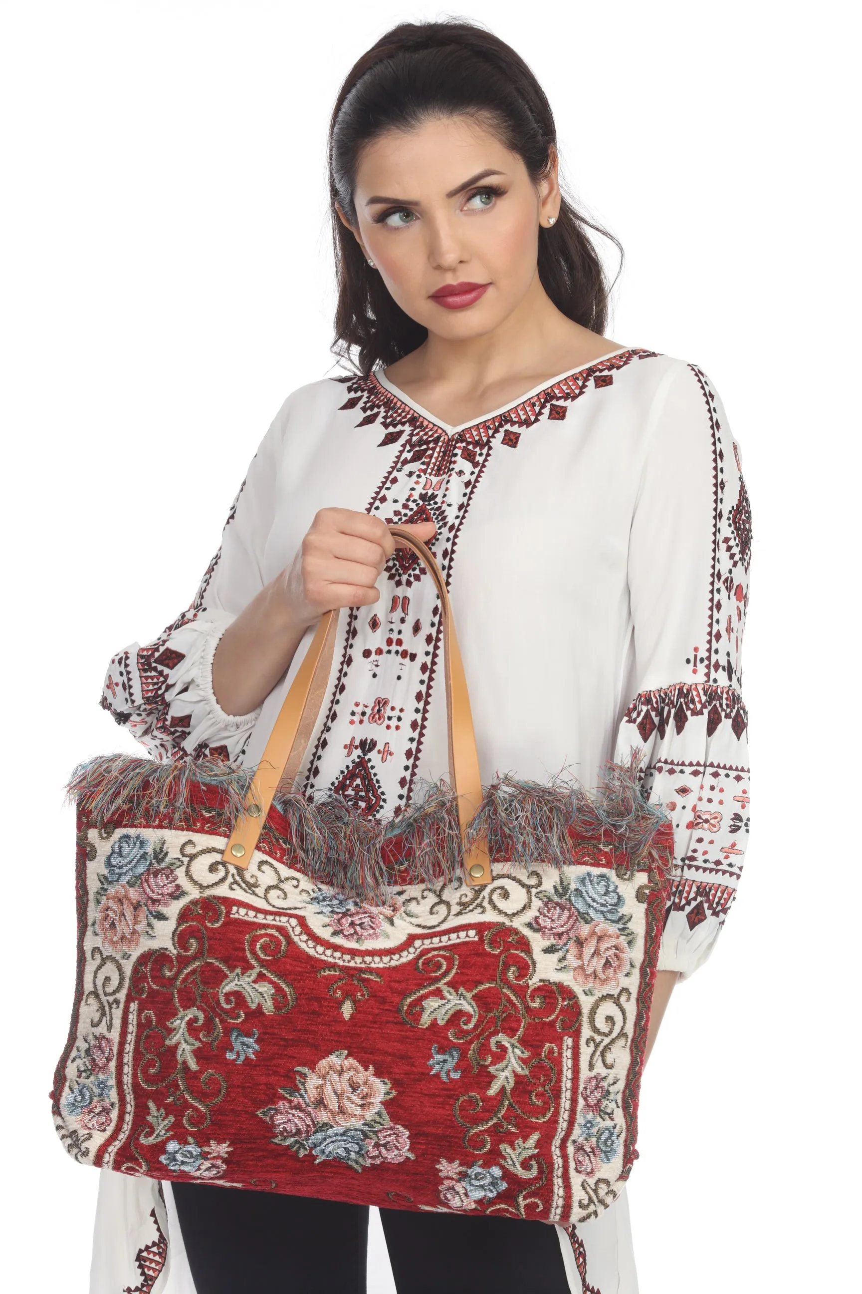 Jijou Capri Tapestry Leather Double Handle Handbag JC0321