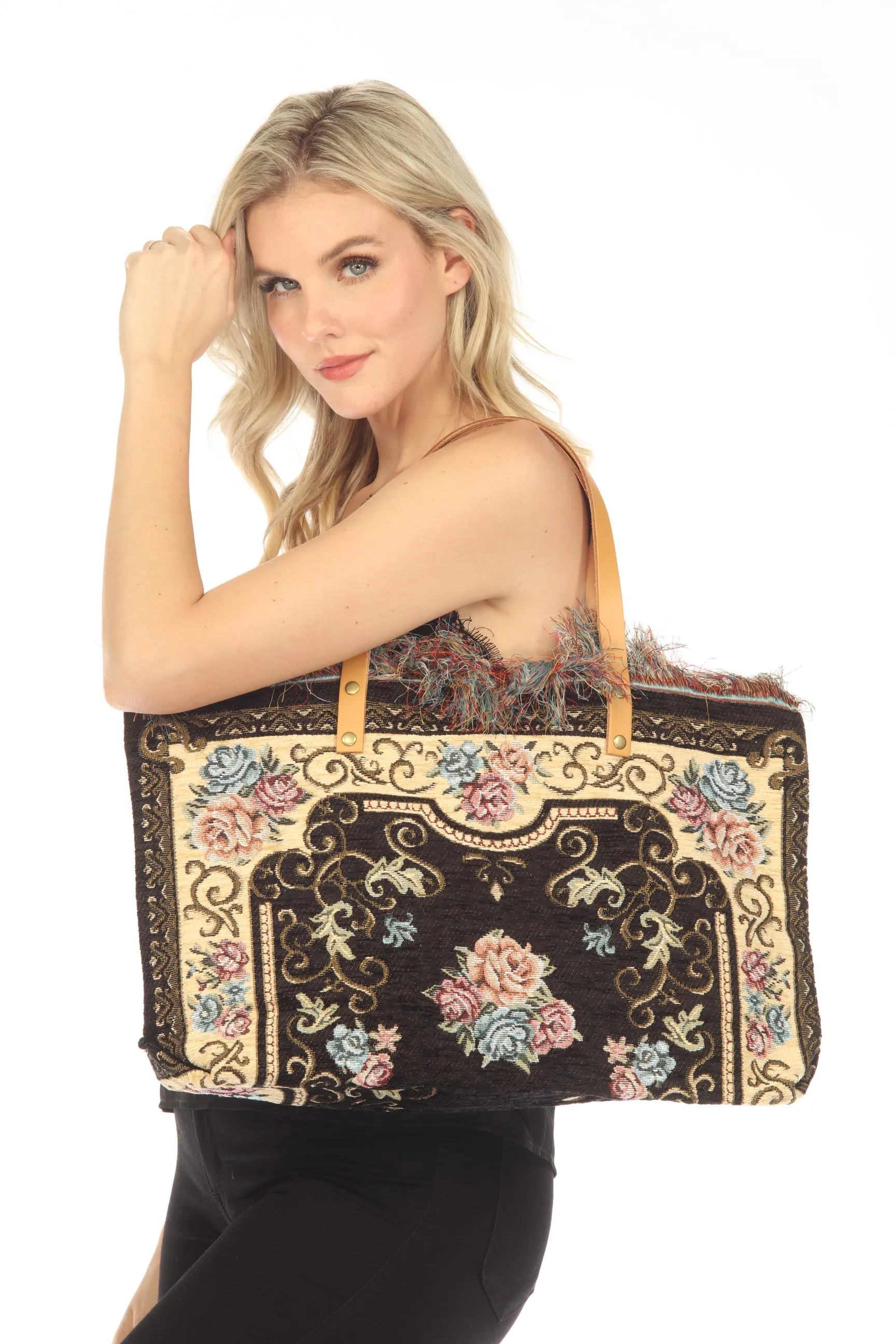 Jijou Capri Tapestry Leather Double Handle Handbag JC0321