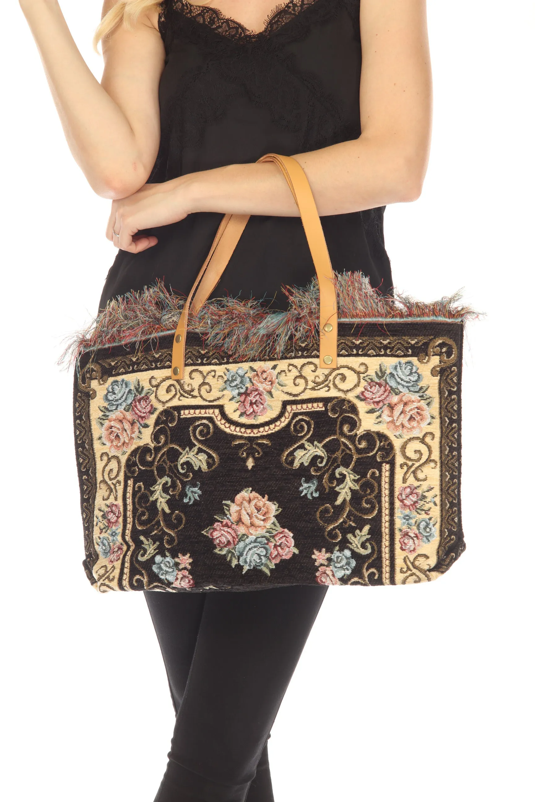 Jijou Capri Tapestry Leather Double Handle Handbag JC0321