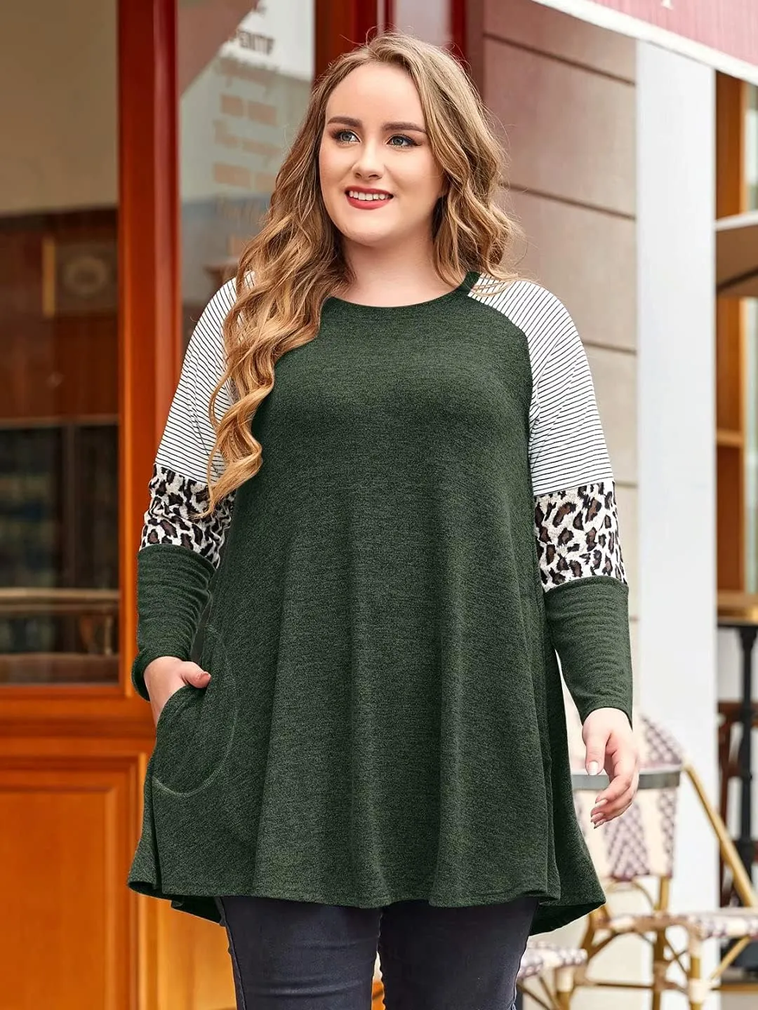 JollieLovin Plus Size Tunic Tops for Women Long Sleeve Crew Neck Swing Tunic Shirts with Pockets Loose Fit Color Block Blouse
