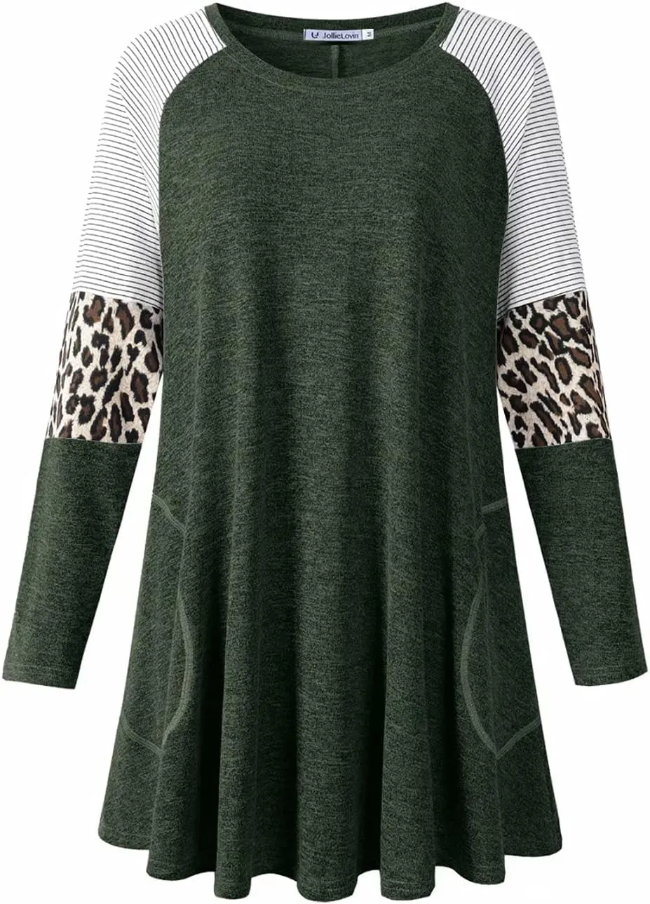 JollieLovin Plus Size Tunic Tops for Women Long Sleeve Crew Neck Swing Tunic Shirts with Pockets Loose Fit Color Block Blouse
